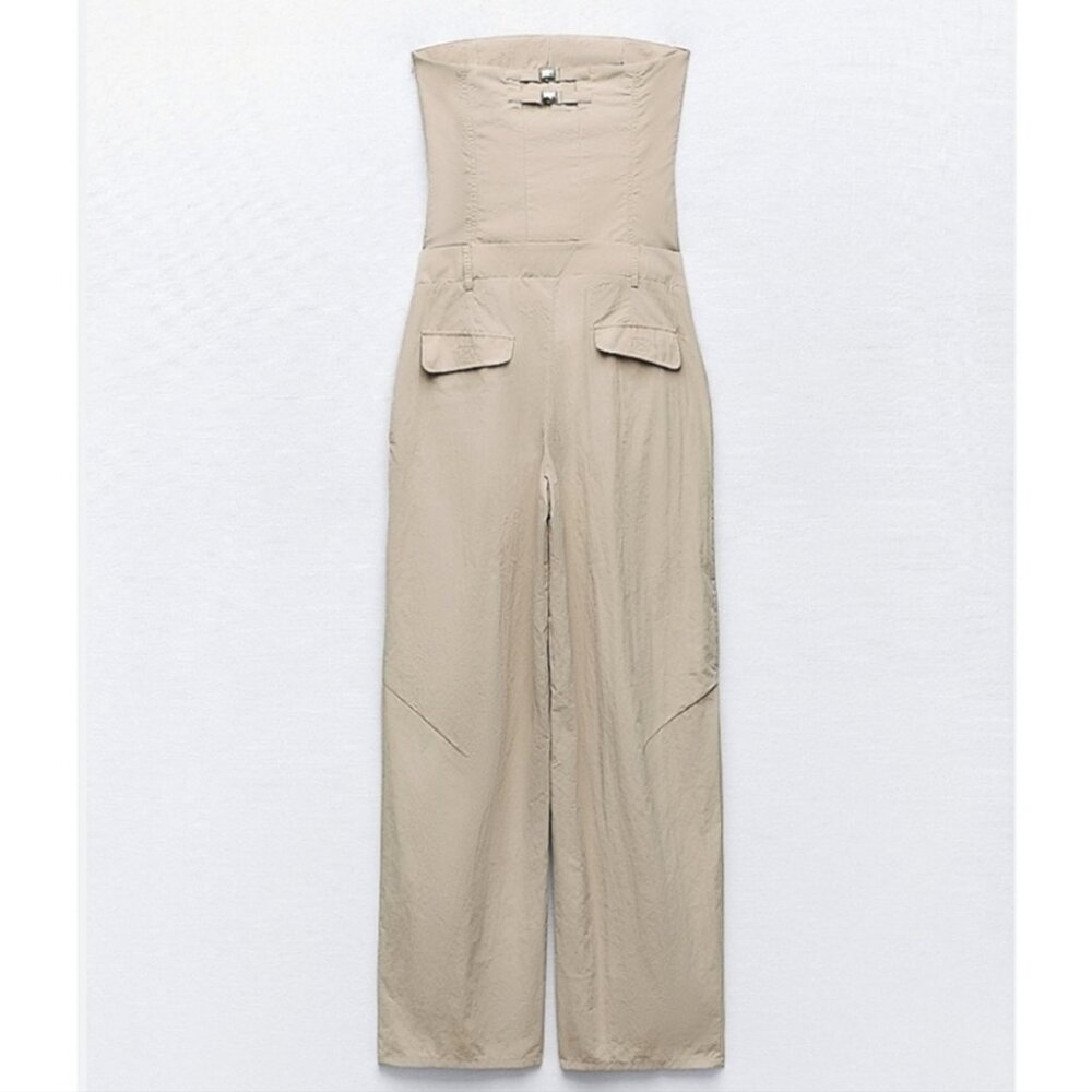 Zara Khaki Cargo Strapless Jumpsuit - Picture 6 of 9